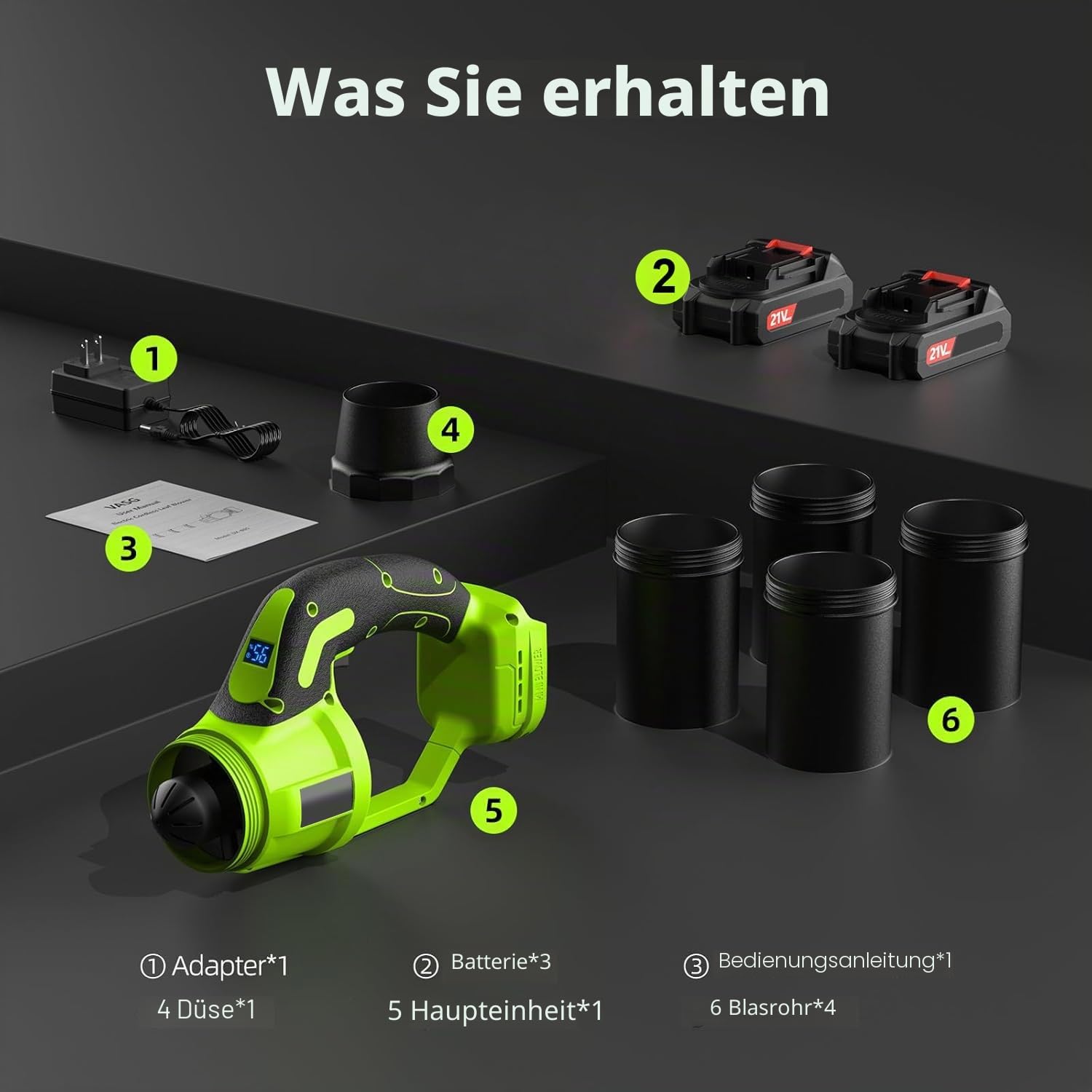 Akku-Laubbläser, 2X 21V Akkus & Schnellladegerät Set, mit stufenloser Geschwindigkeitsregelung, Leichter handgehaltener elektrischer Laubbläser für Rasenpflege, Hof, Garten, Terrasse (Grün-A)