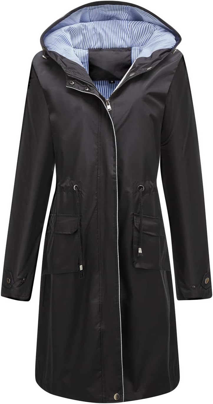 Women's Rain Jacket Hooded Long Windbreaker Waterproof Lightweight Raincoats Casual Outdoor Trench Coat