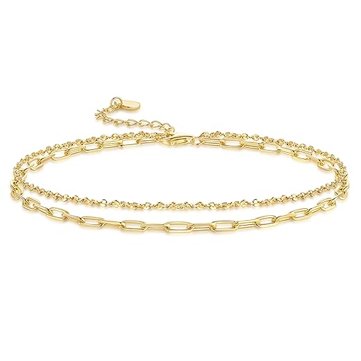 14K Gold Anklets for Women Gold Ankle Bracelets for Women Double-Layer Design Delicate Chain Stacked with Paperclip Link Anklets for Womens ankles bracelets