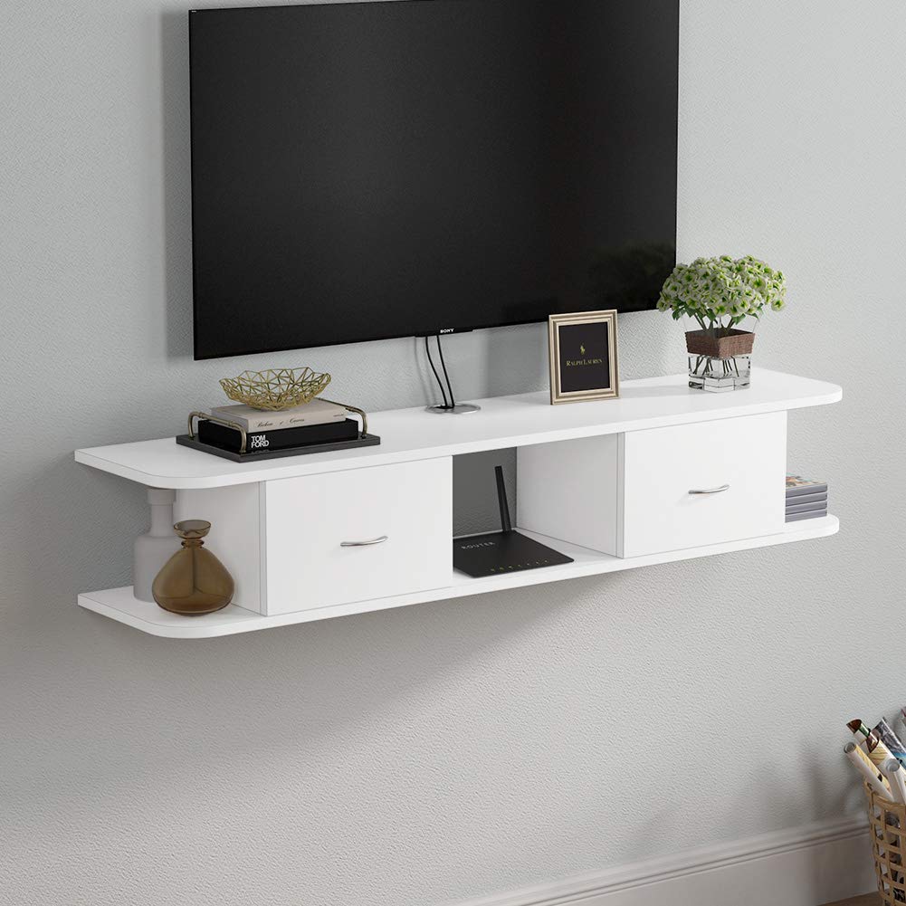Floating TV Shelf, Tribesigns White Wall Mounted Media TV Stand Console with Drawers, Floating