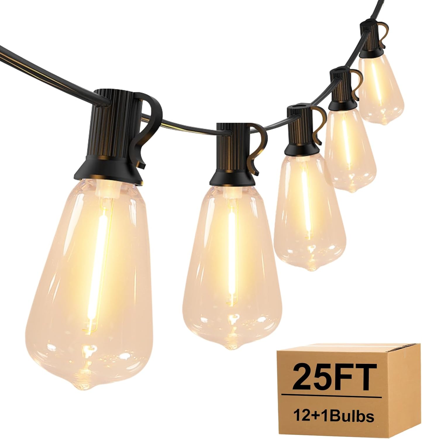 Outdoor String Lights with ST38 Clear Globe Bulbs, Black Cord, Waterproof LED Edison Filament Decorative Lighting for Patio, Garden, Backyard (ST38 Bulbs, 25FT)