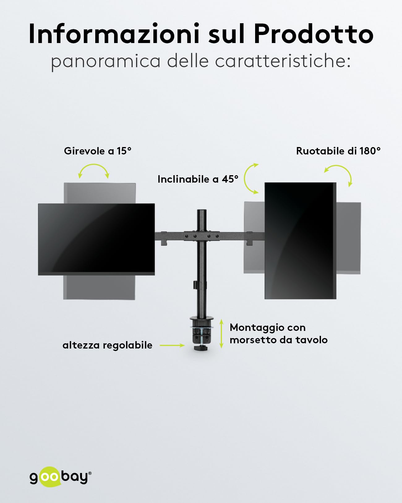 goobay Supporto Doppio Monitor 17-32 Pollici Inclinabile Regolabile in Altezza VESA 100x100 2x Fino a 9 kg con Morsetto Tavolo - Basic - 59394