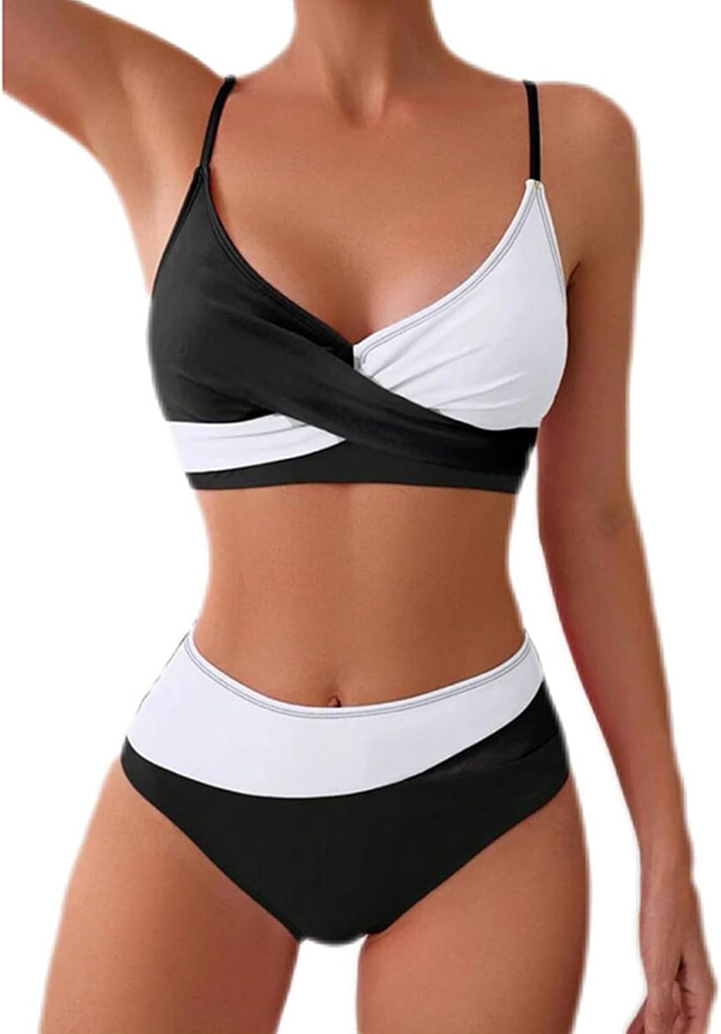 Women's Two-Piece Bikini Swimsuit, Black and White Color Block Swimwear, Halter Neck Bathing Suit