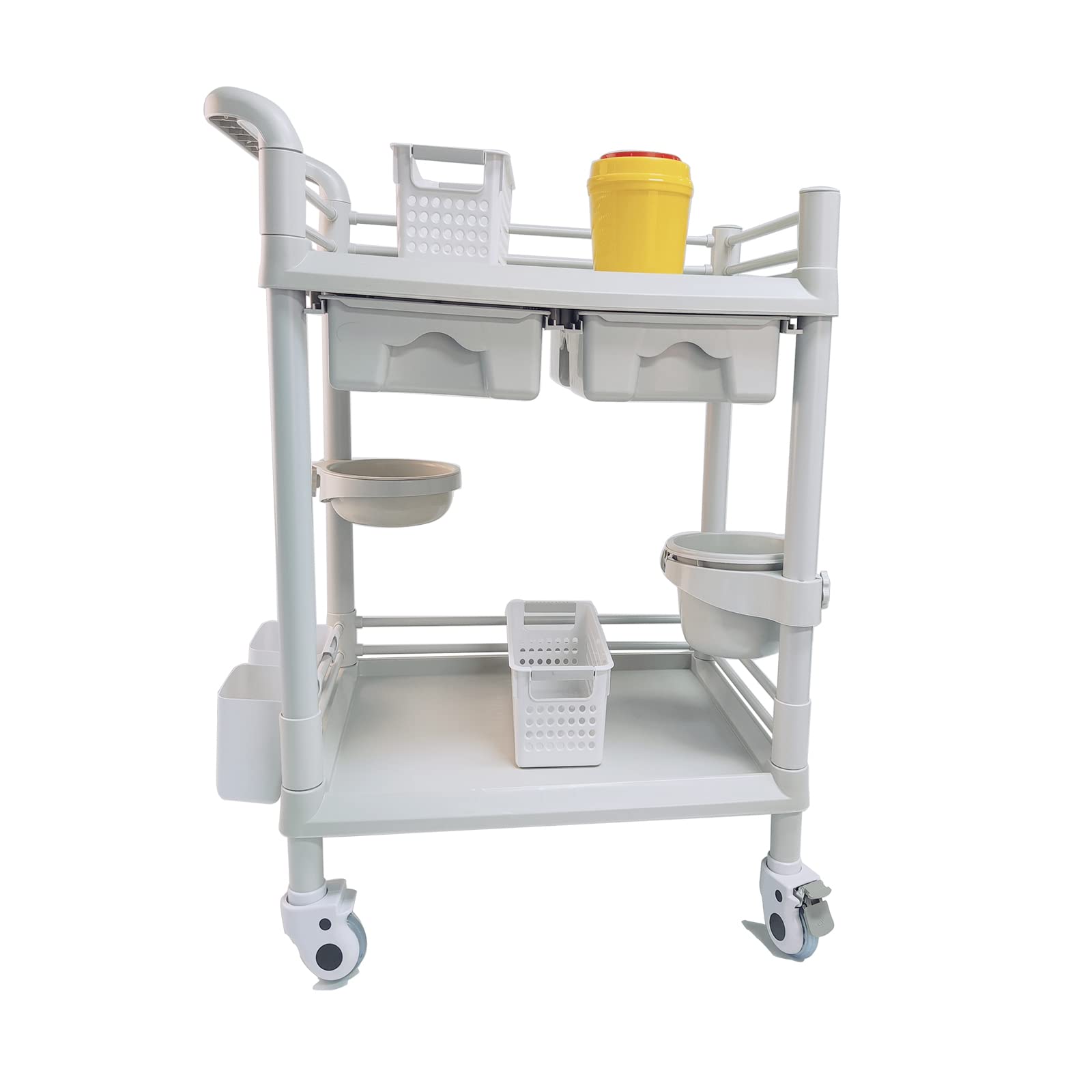 Mobile Medical Carts 2 Tier Utility Cart 330 LBS Max Load Rolling Crash Cart Professional Ultrasound Trolley Cart with Drawers Wheels Dirt Buckets Sharps Box Storage Basket for Hospital Dental Clinic