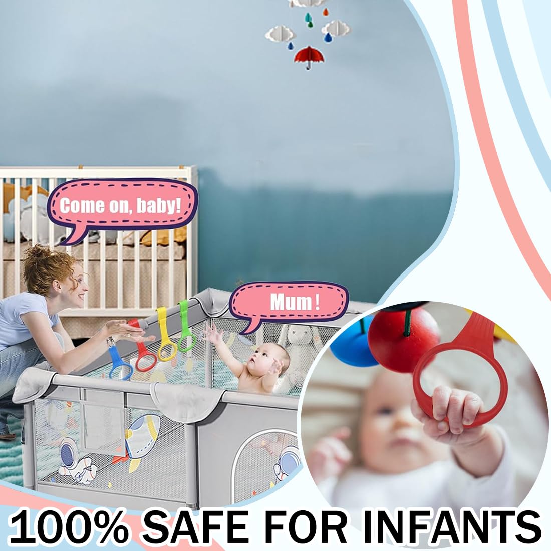 Anneau de Berceau, 4 Pièces Anneau de Lit Bébé Multicolore Anneaux pour Lit Bébé et Parc Anneau Parc Bebe Anneaux