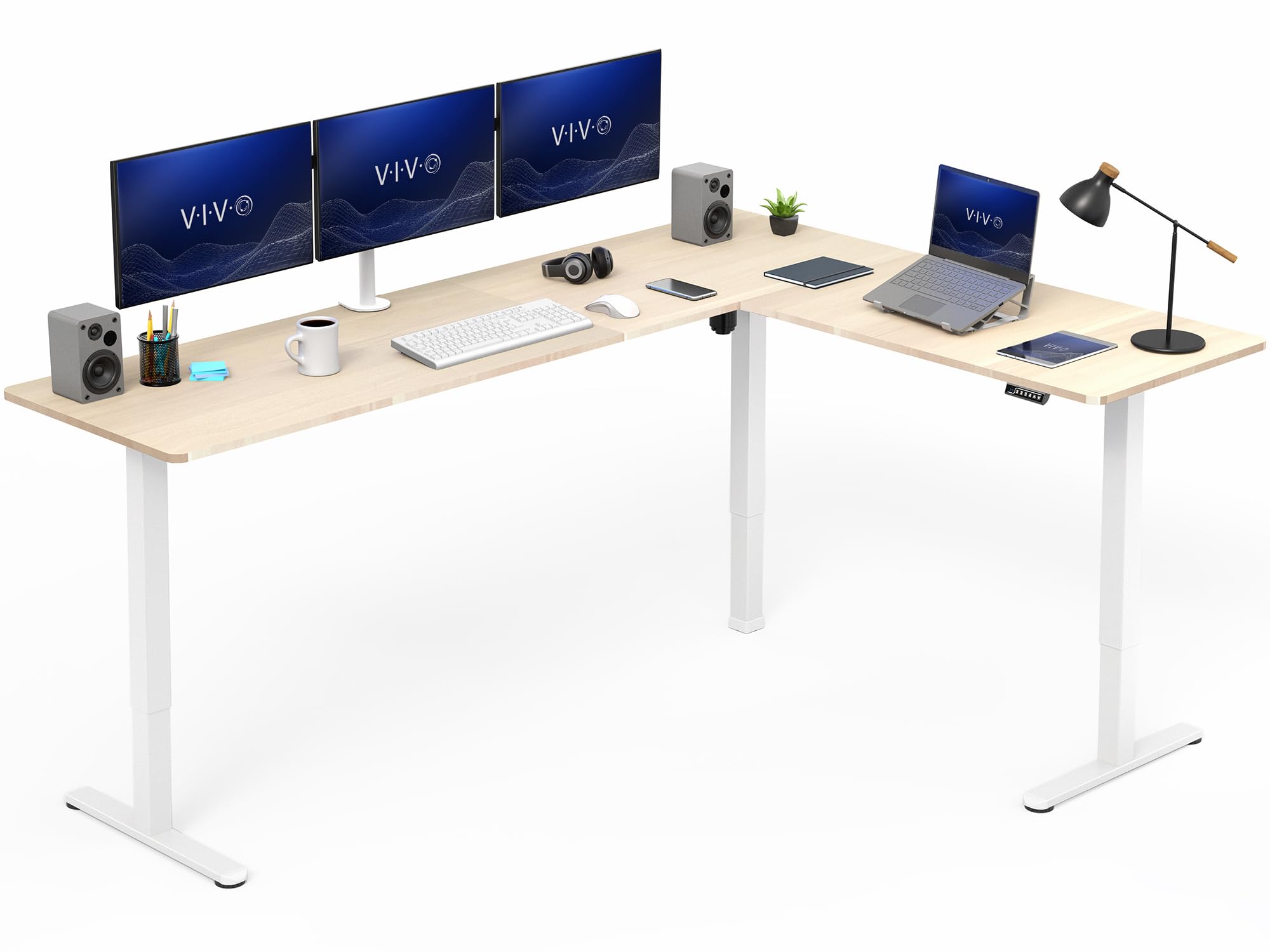 VIVO Light Wood 84 x 63 in Corner Standing Desk, DESK-E3CTWC-84