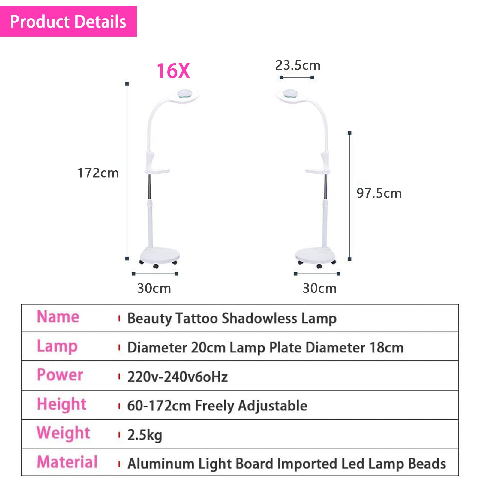 16X LED lampada lente ingrandimento da terra, regolabile Angolo del tubo tubo flessibile con 5 ruote girevoli - per Manicure, Lettura, Gioielli, Bambini, Elettronica, Professionale, Alluminio, Bianco