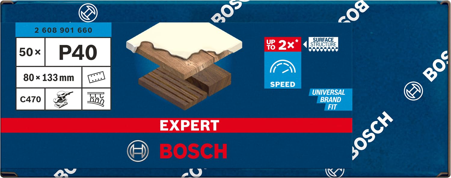 Bosch 50 x Papel de lija Expert C470 con 8 agujeros (para pintura sobre madera, madera dura, diámetro 80 x 133 mm, grano 40, accesorio profesional lijadora orbital)