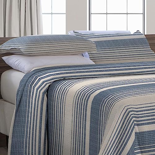 Cobre Leito King Size Com Fronhas Em Piquet Algodão 3 Peças Listrado Azul Marinho e Palha