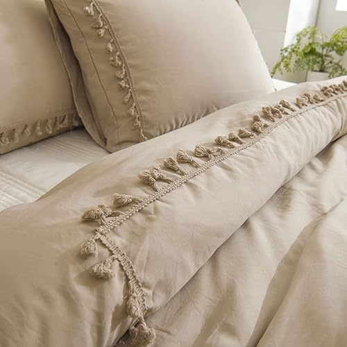 Miniatura 7 de Ropa de cama bohemia de color gris pardo, funda de edredón con flecos y borlas dobles, color liso, 100% microfibra lavada, ligera para todas las