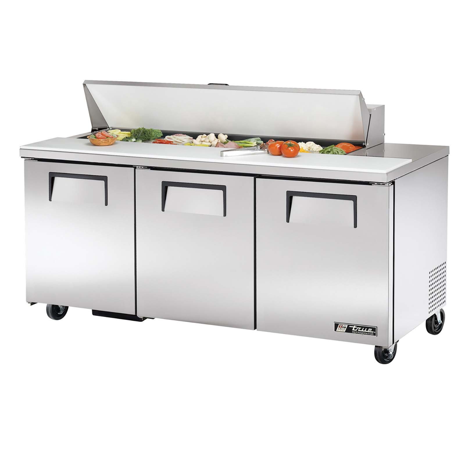 72" Refrigerated 16 Pan 3 Door Sandwich Salad Food Prep Table by TRUE – Polyethylene (PE), Stainless-Steel, Model TSSU-72-16
