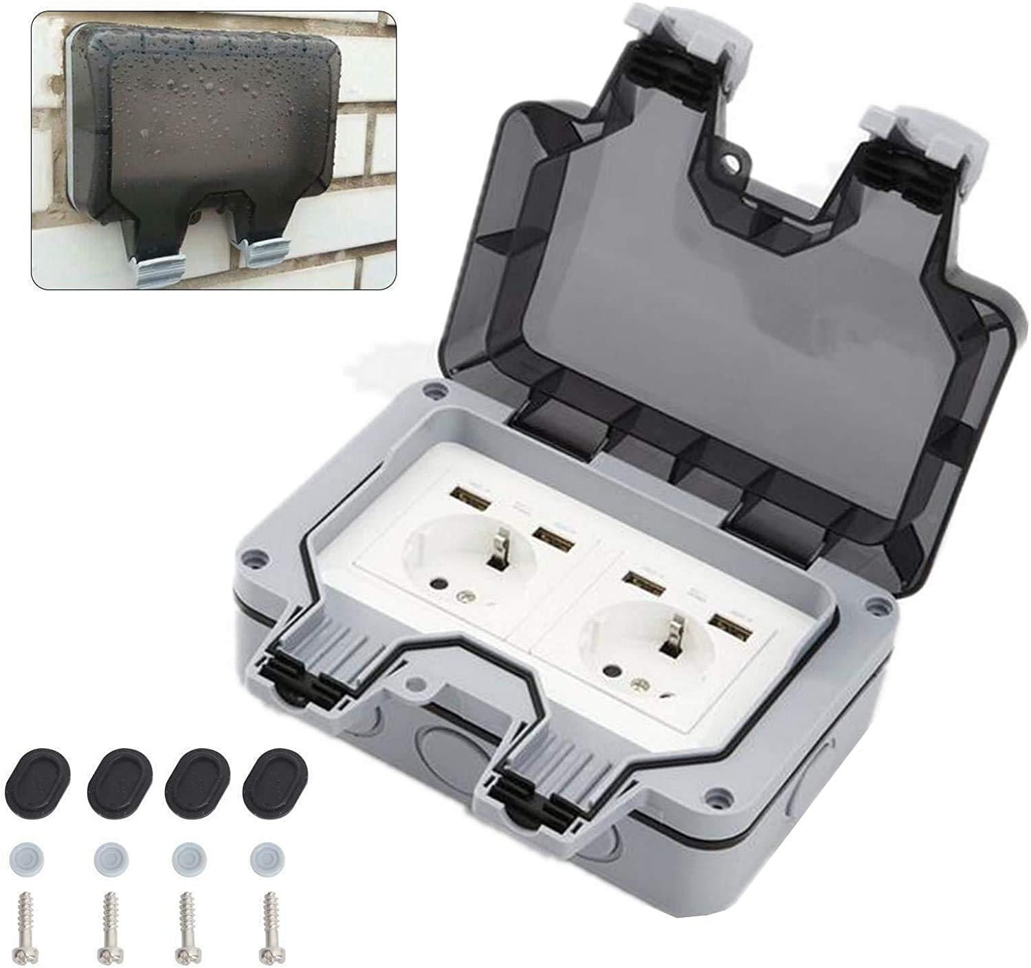 Toma de Corriente Exterior IP66 Conector USB con Doble Interruptor para Pared Enchufe con Tapa Abatible para Jardines al Aire Libre y Garajes (Doble)