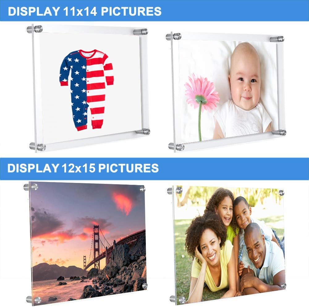 DYCacrlic Wall Mount Floating 11x14 inch Picture Frames 3 Pack,Clear Acrylic Frameless Picture frames 11 x 14 for Poster Family Photos Signs Display (Full Frame 12x15 inch)