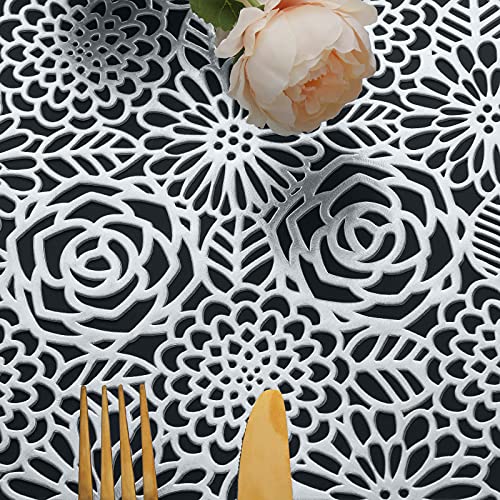 Mabbcoo Placemats Set Of 6, Round Placemats For Dining Table Metallic Pressed Vinyl Table Mats Hollow Out Blooming Rose Place Mats For Banquet Wedding Accent Centerpiece (Silver) #TOP2