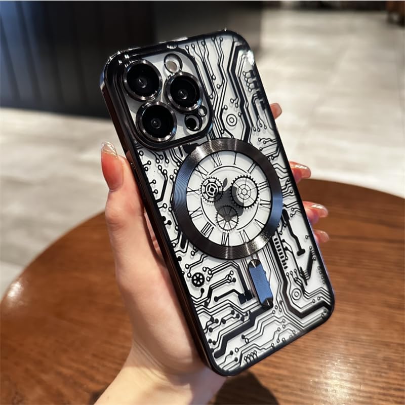 Funda magnética transparente con patrón de circuito para iPhone 141312Pro Max compatible con Magsafe, protector de cámara de lente completa de