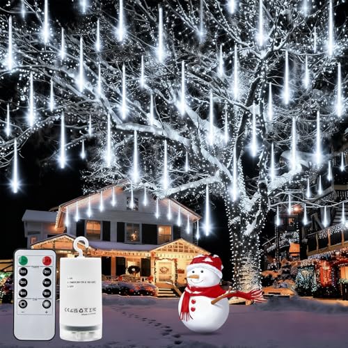 CCILAND Meteor Shower Lights Battery Powered, 144 LED Christmas Falling Rain Lights with Remote Timer Waterproof Icicle String Lights for Garden Party Wedding Xmas Decor - Cool White
