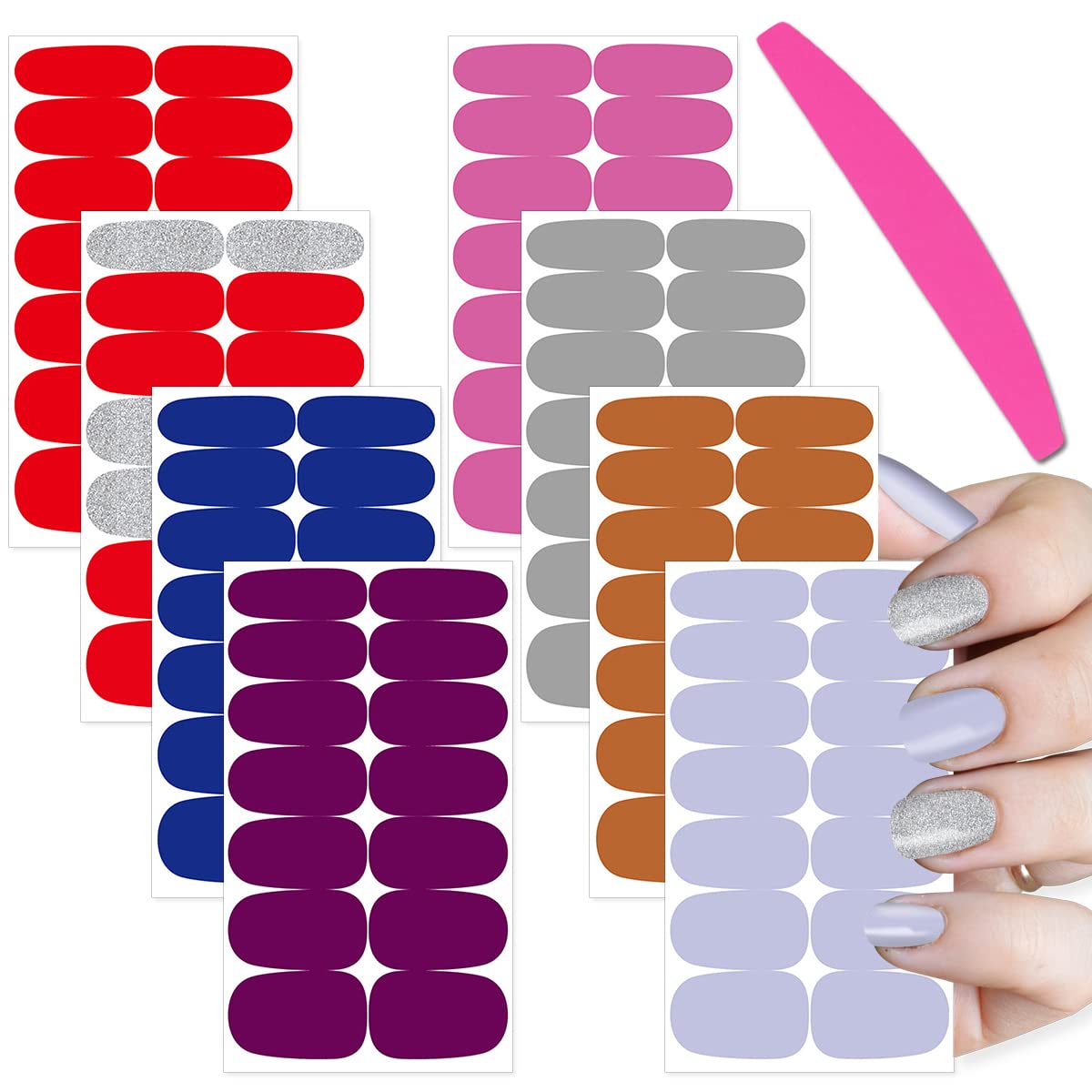 SILPECWEE 8 Sheets Adhesive Nail Art Stickers Tips And 1Pc Nail File Solid Color Nail Wraps Decals Manicure Polish Strips Set For Women
