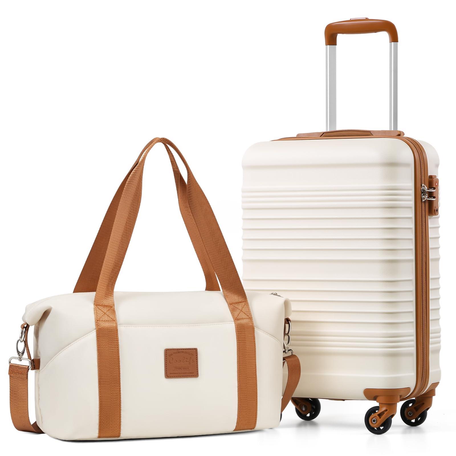 COOLIFE Maleta de cabina 55 x 35 x 20 cm para Ryanair, equipaje de mano, ligero, con candado TSA y 4 ruedas giratorias, blanco/marrón, 55X35X20cm -Set 2tlg