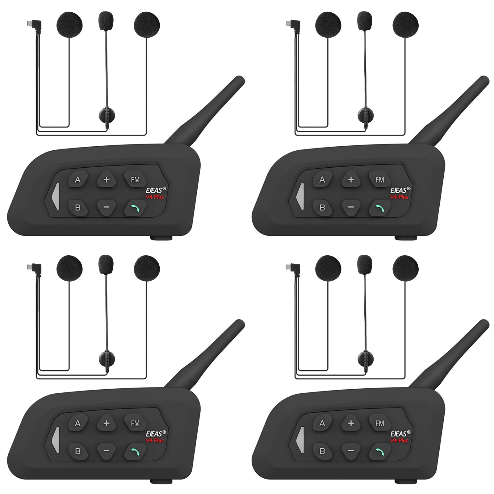 GaiRen V4 Plus Motorcycle Bluetooth Helmet Intercom Headset, 4 Rides Group Communication System for Motorcycling Soccer Referees Skiing ATV/Off Road (4 Pack)