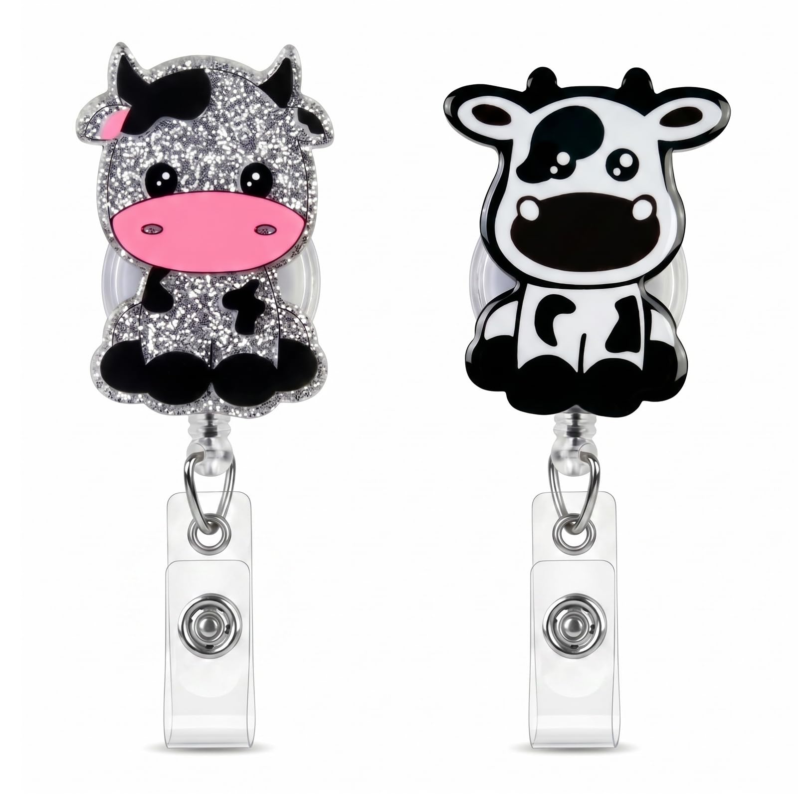 Muiltvoe 2PCS Cute Retractable Badge Reel with Card Holder, Cow Lanyard ID Badge Holder with 360 Swivel Clip, Funny Name Tag Holder for Nurse, Teacher, Student, Office Staff