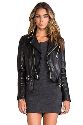 D DOLLY LAMB Women's Lambskin Leather Moto Biker Jacket - Winter Wear - Round Neck Collar - X-Large - Black 02