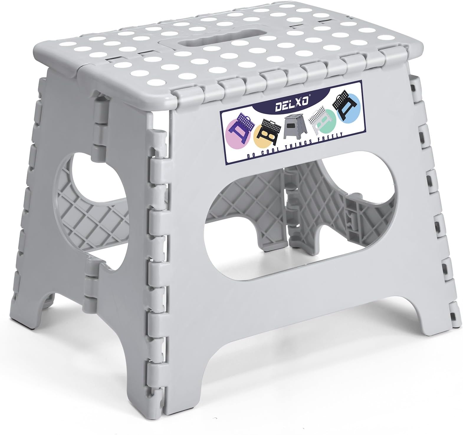 Delxo Folding Step Stool, 11 inch Non-Slip Foldable Stools for Kids & Adults Up to 300 LBS, Step Stool with Handle, Lightweight for Kitchen, Bathroom, Bedroom, Garden, Grey, 1PC