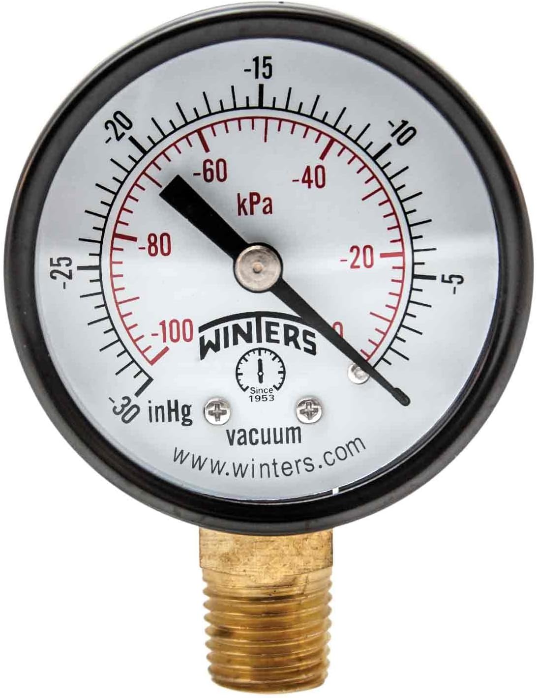 Winters 2 inch Dial Size, Multi Function Economy Utility Dry Pressure Gauge, Brass Internals, Steel Case, Dual Scale 30 inch Hg-0 Vac/kPa, 3-2-3% Accuracy, 1/4" NPT Bottom Mount, Vacuum Pressure Gauge