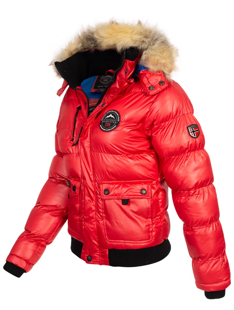 Geographical Norway Bugs Lady - Parka Longue Epaisse Chaude Femme Automne Hiver - Manteau Fin Capuche Fausse Fourure - Blouson Coupe Vent - Doudoune Elegante Femmes (Rouge XXL)