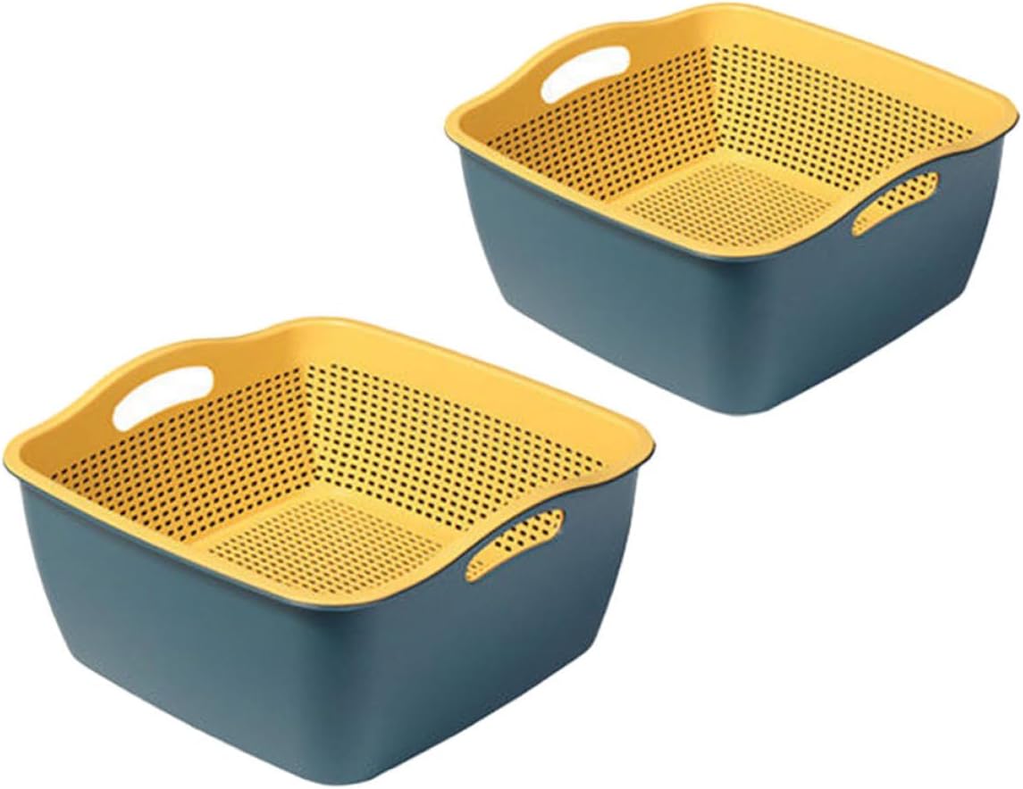 Double Layer Kitchen Strainer Basket Set, Nordic Blue Large and Small Square Vegetable Washing Colanders, Food-grade Plastic Draining Bowls for Fruit and Vegetable Cleaning