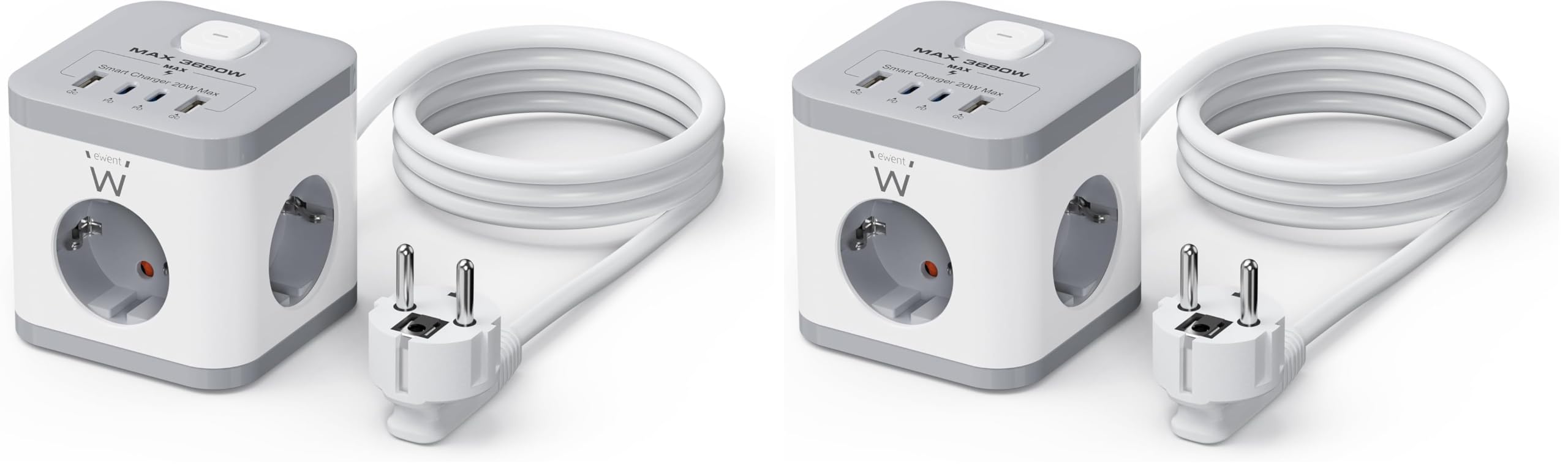 Ewent USB Cube 7-in-1 Multiprise, 3 Prises Schuko, 2 USB-C et 2 Prises USB, Bloc Multiprise 3680W 16A avec Interrupteur, Cable 1,5m pour Maison, Bureau, pour appareils électroménagers - Blanc/Gris
