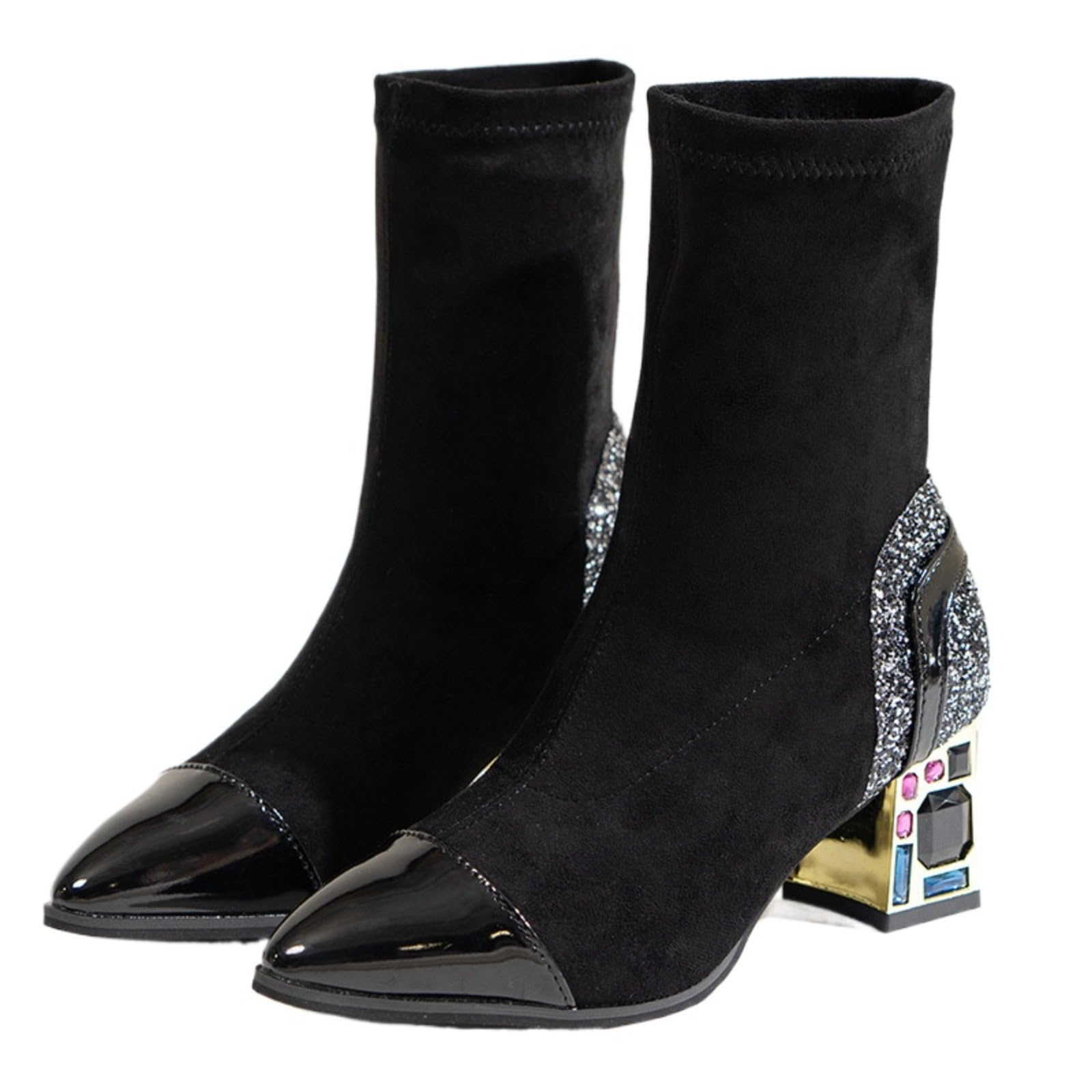 Womens Sparkle Crystal Boots - Stretch Sock Ankle Booties with Chunky Heel Glitter Block Heel Evening Boots for