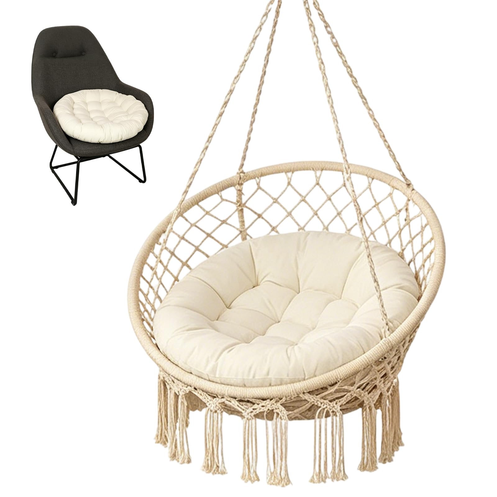 Cuscino per poltrona sospesa, 60 x 60 cm, per poltrona sospesa, per esterni, rotondo, in cotone, lavabile, beige