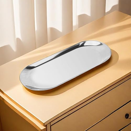 Decorative Tray Silver,Oval L12in x W4.8in,Stainless Steel Jewelry Tray,Perfume,Towel，Bathroom Vanity,Candle，Jewelry