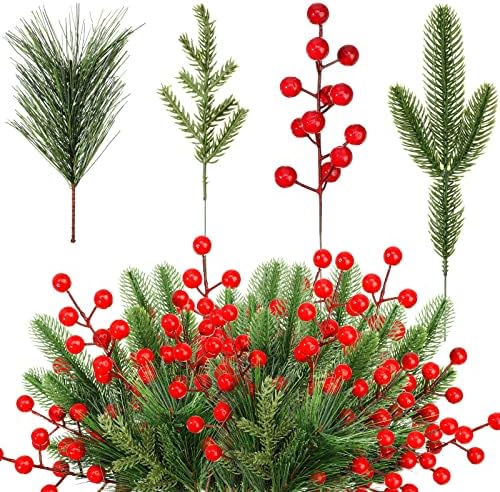 100 Pieces Artificial Pine Needles Branches and Artificial Red Berry Stems Fake Greenery Pine Picks Christmas Red Berry Picks Holly Berries Branches Christmas Fake Tree Branches for DIY Garland Wreath