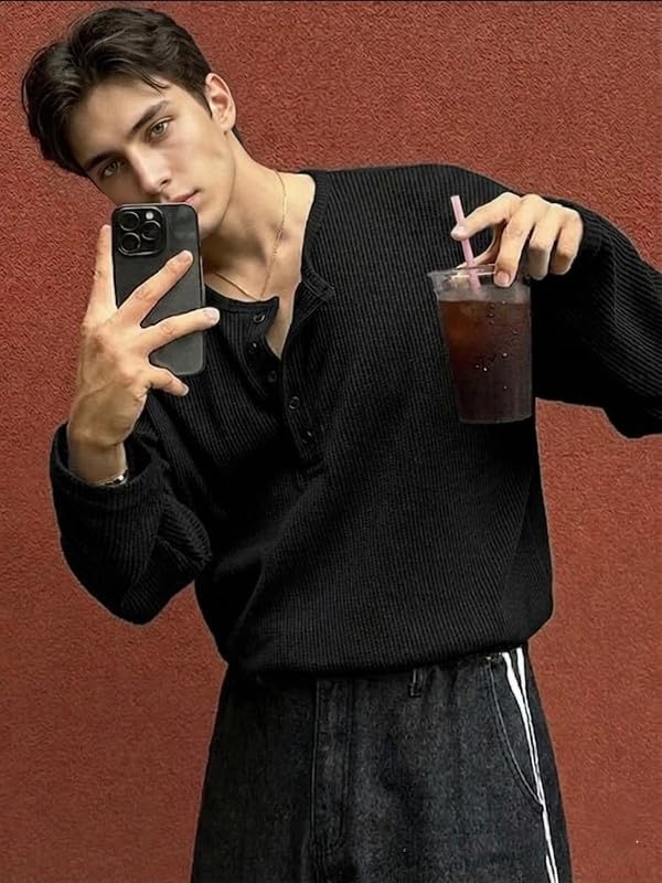 Image of Imsa Moda Men's Textured Fabric Half-Open Collar T-Shirt | Full Sleeve Casual T-Shirt for Men