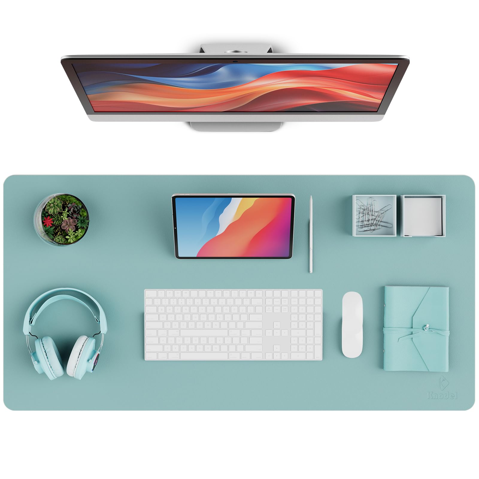 K KNODEL Leather Desk Pad Protector, Office Desk Mat, Large PVC Leather Desk Blotter, Non-Slip Mouse Pad (Sky Blue, 15.7" x 31.5")