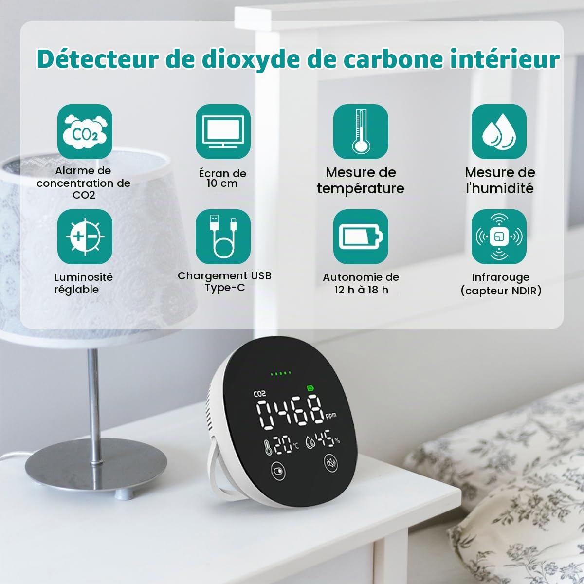Moniteur de qualité de l'air intérieur,détecteur de CO2,testeur de température+humidité avec capteur NDIR,testeur numérique Portable pour la Maison et Les Voitures de dioxyde de Carbone