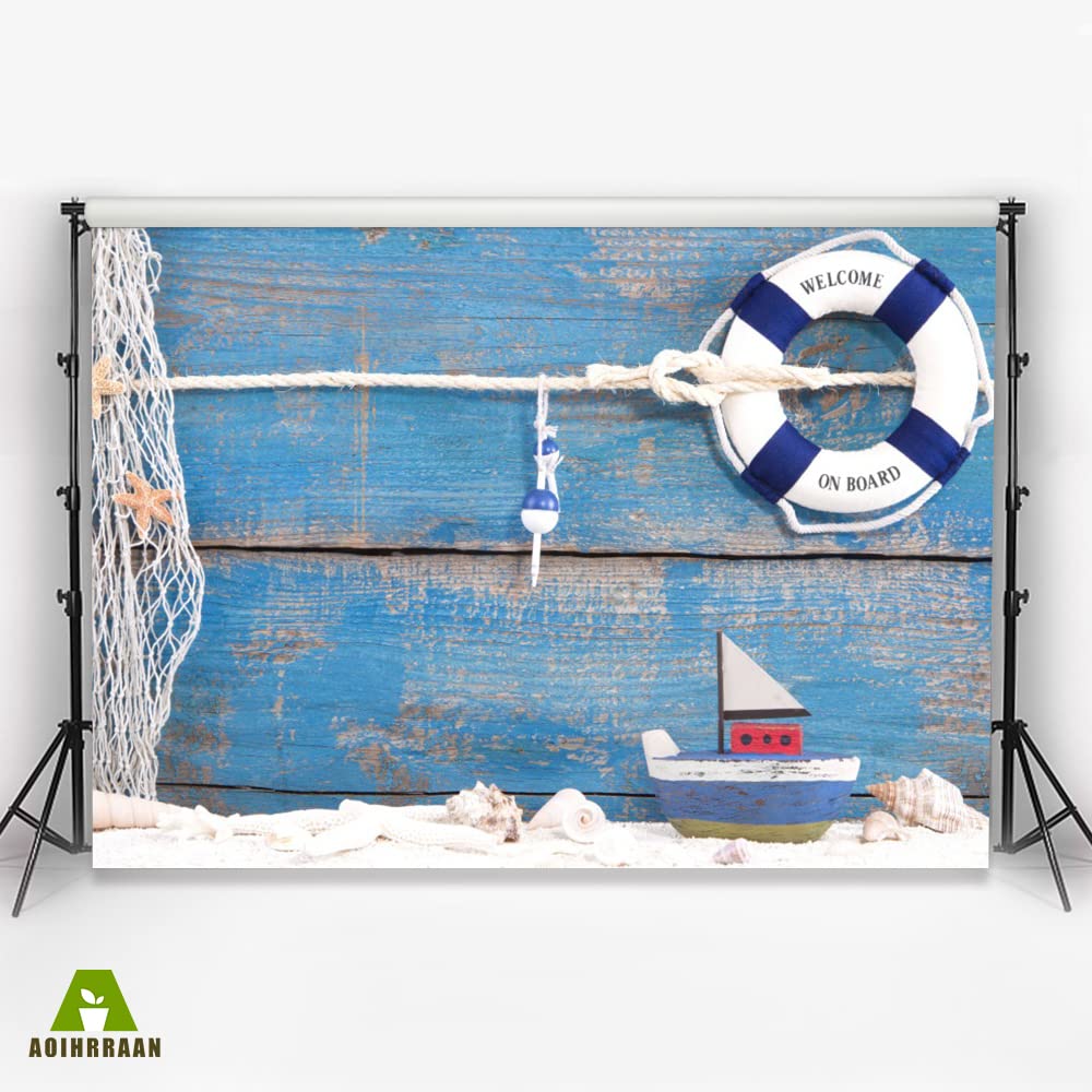 Aoihrraan 2,2x1,5m Telón de Fondo náutico Navegación Salvavidas Tablero de Madera Azul Viaje marítimo Fondo de fotografía Suministros para Baby Shower Sesión de Boda Niños Adultos Retrato Foto Prop