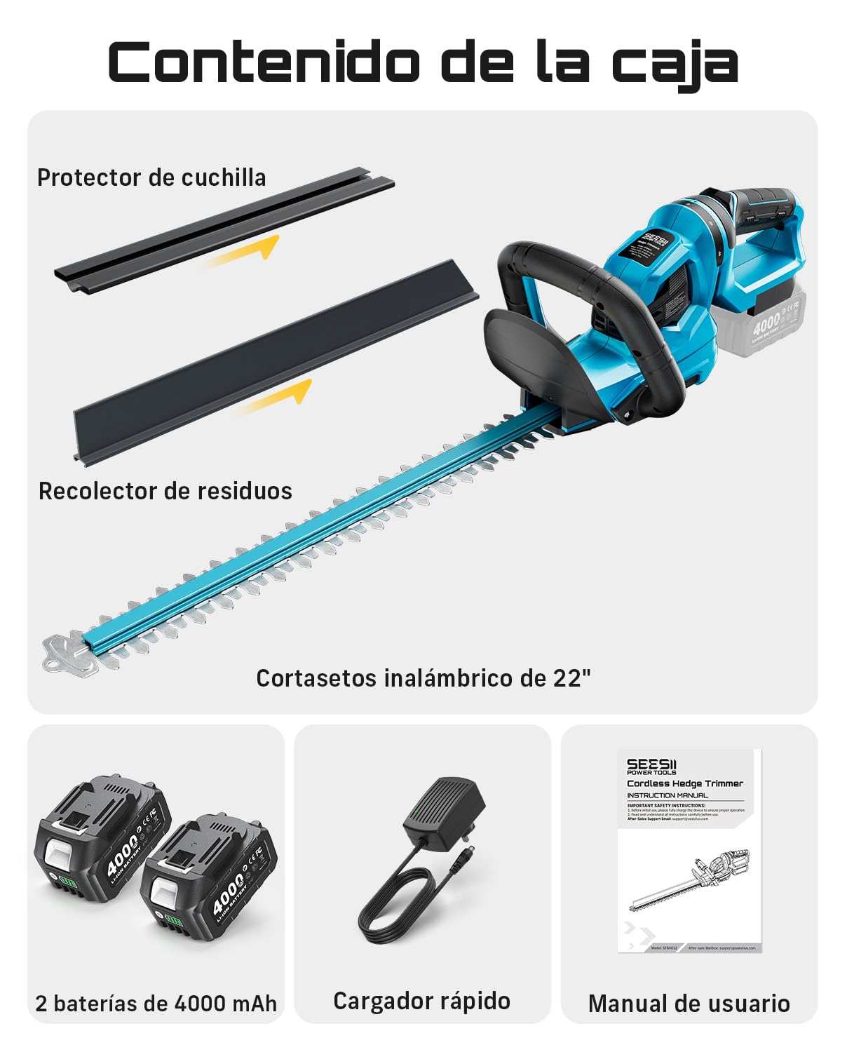 SEESII Cortasetos Batería 56 cm, Cortasetos Eléctrico 20V con 2 Baterías 4000mAh y Cargador, Espacio Entre Cuchillas 18 mm, Recogedor de Residuos, Cortasetos Inalámbrico para Jardín y Arbustos