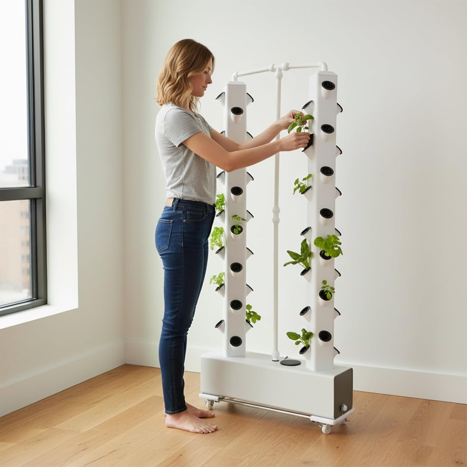 Kit de cultivo hidropónico vertical sistema torre hidropónico, 56 agujeros 30 L, tanque de agua, plantación con ruedas y bomba de agua, para cultivo de tomates, pepinos, fresas, pimientos