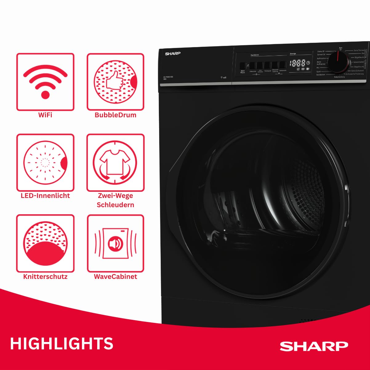 SHARP KD-PRO0S7GBD-DE Wärmepumpentrockner (10 kg, EEK D), (15 Trockenprogramme, 20 Min. Kurzprogramm, WiFi, Edelstahltrommel mit LED-Beleuchtung), Schwarz