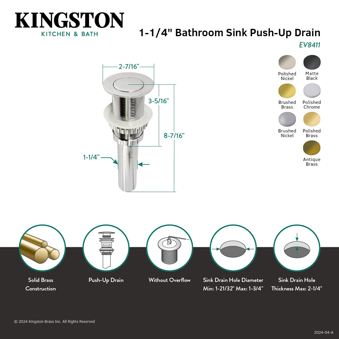 Kingston Brass EV8412 Coronet - Desagüe desplegable para Lavabo de baño sin desbordamiento, latón Pulido, 8.44 x 2.44 x 2.44 Pulgadas