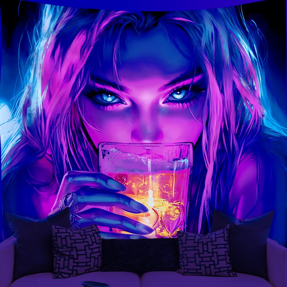 WEBEEDY Black Light Cool Women Anime Tapestry for Bedroom UV Reactive Aesthetic Tapestry Glow In The Dark Party Backdrop Decoration for Dorm Living Room Home Photo Shoot Prop (150x130cm)