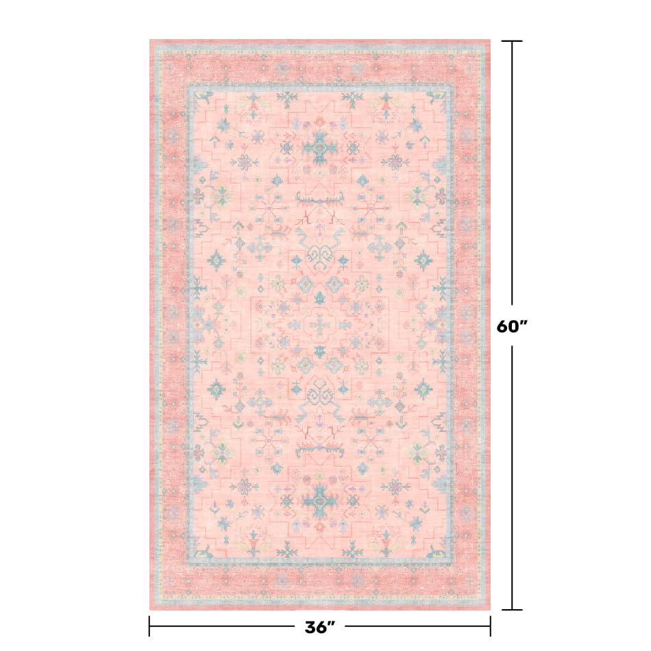 Image of Washable 3x5 Pink Rugs for Girls Bedroom Beside Bed, Nursery Rug, Soft Faux Wool Low Pile Non Slip Stain Resistance Carpet, Pink & Blue
