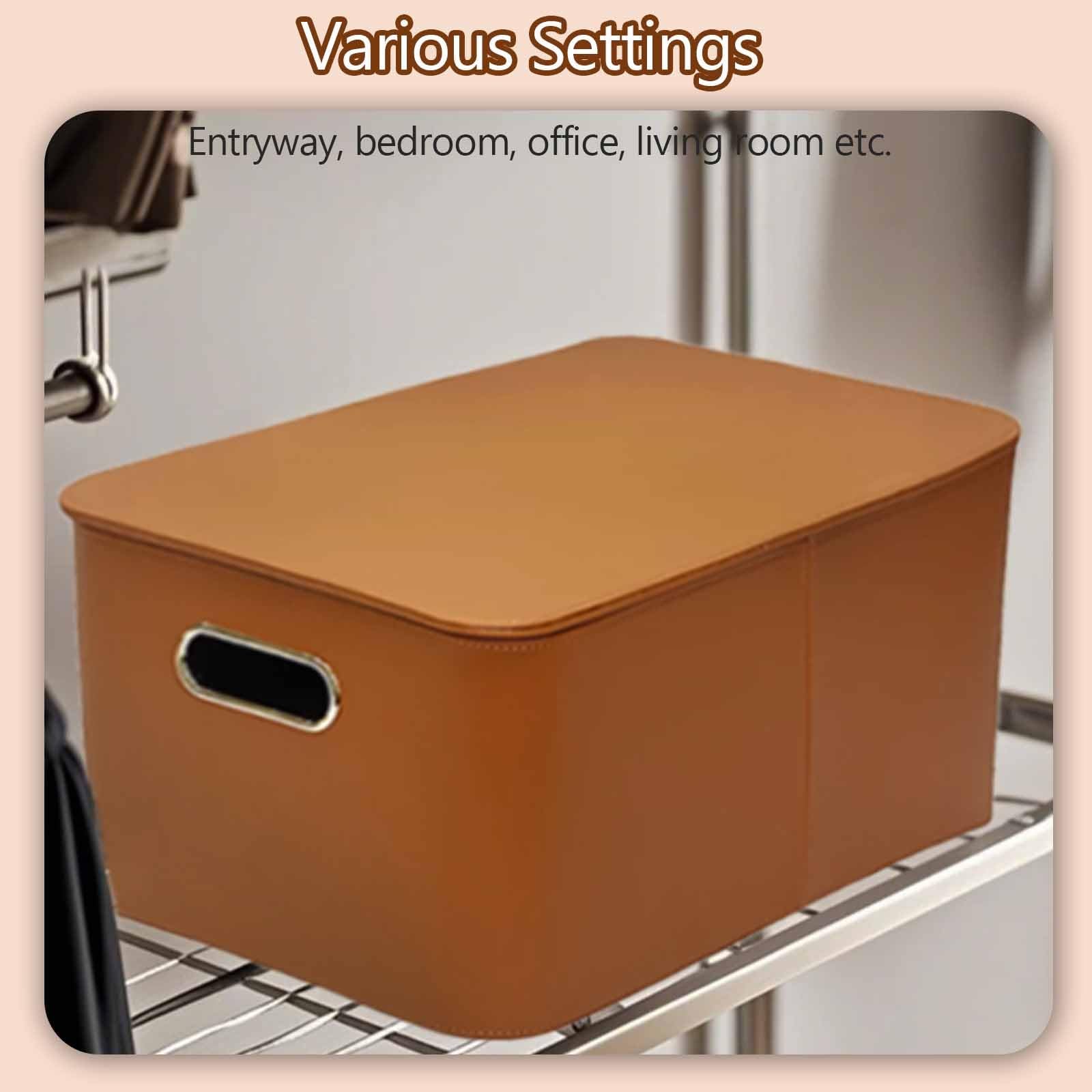 Cesta di Conservazione con Manici, Cesta di Conservazione Quadrata | Manici Metallici Traforati, Materiale Pelle Pu, Adatta Per Armadi, Uffici(With lid Orange 35.5)