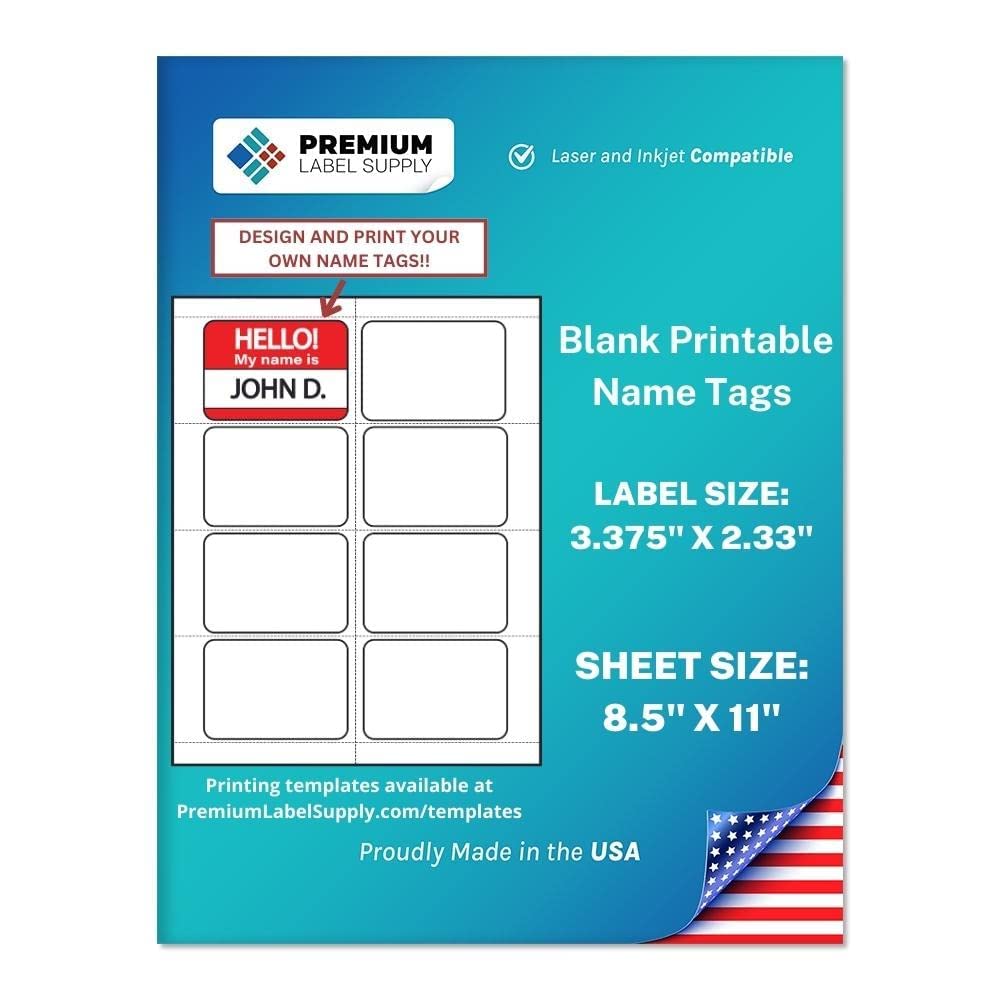 Amazon.com : Premium Label Supply Blank Printable Name Tag Stickers -  2-1/3" x 3-3/8" - Laser/Inkjet Compatible – (8 Labels/Sheet), 25 Sheets –  200 Total Adhesive Name Tags : Office Products