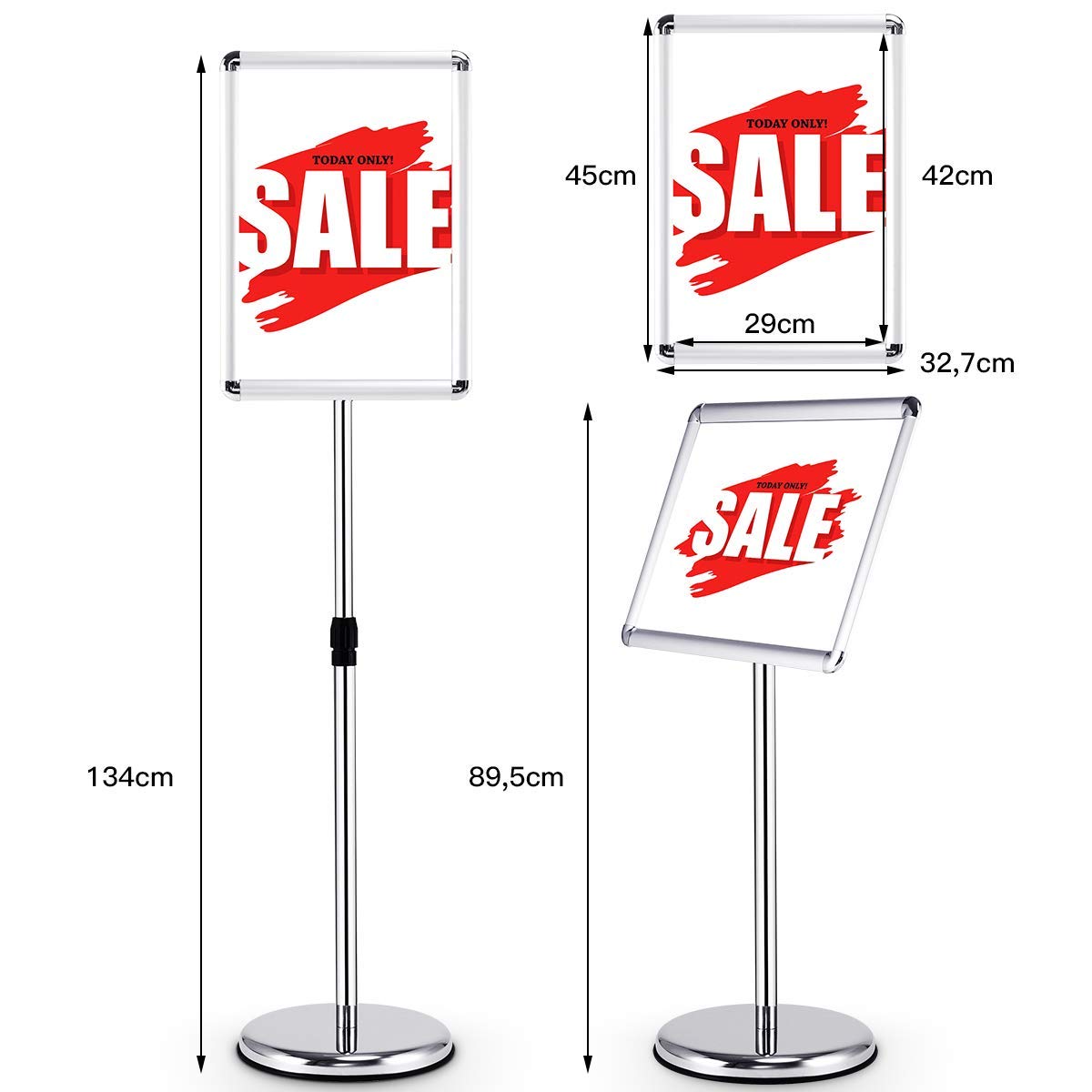 COSTWAY Porte Affiche sur Pied A3, Présentoir sur Pied Rotation 360 Degrés, Hauteur Réglable 89,5-134 cm, Cadre en Alliage d'Alu, Tube en Acier INOX, Support Affichage A3 Intérieur Extérieur, Argent