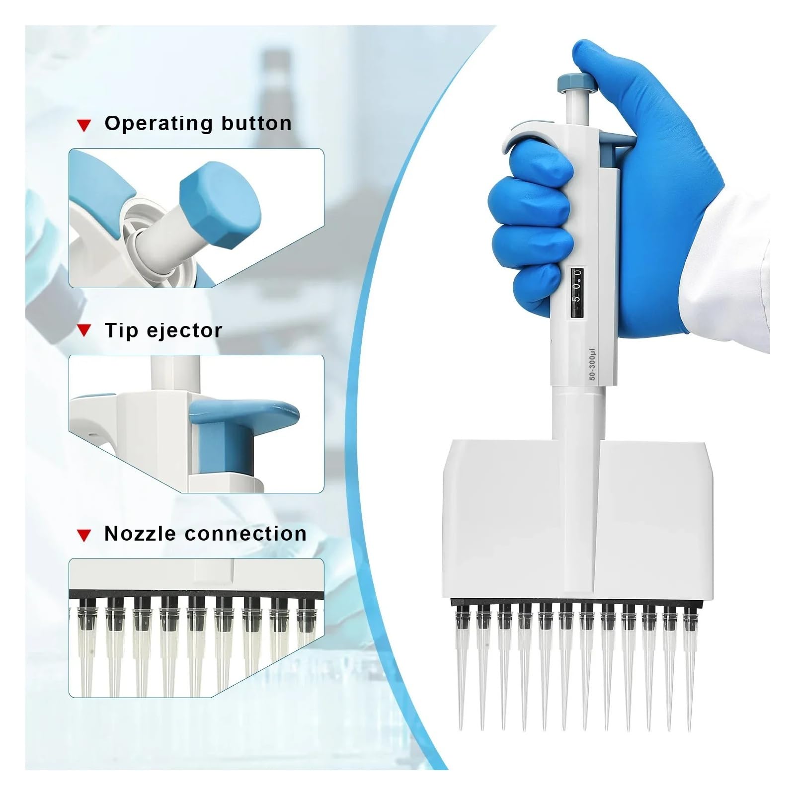 Pipette numérique de laboratoire à 12 canaux, 0,5ul-300ul, capacité Variable, réglable manuellement Extraction précise(0.5-10ul)