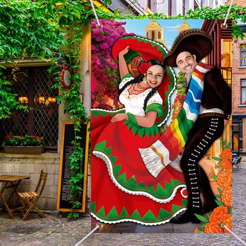 Image of Tudomro Mexican Couple Photo Props Fiesta Party Background 6 x 4 ft Fabric Large Photo Door Banner Mexican Style Funny Games Supplies for Birthday Party Cinco De Mayo Festival Supplies