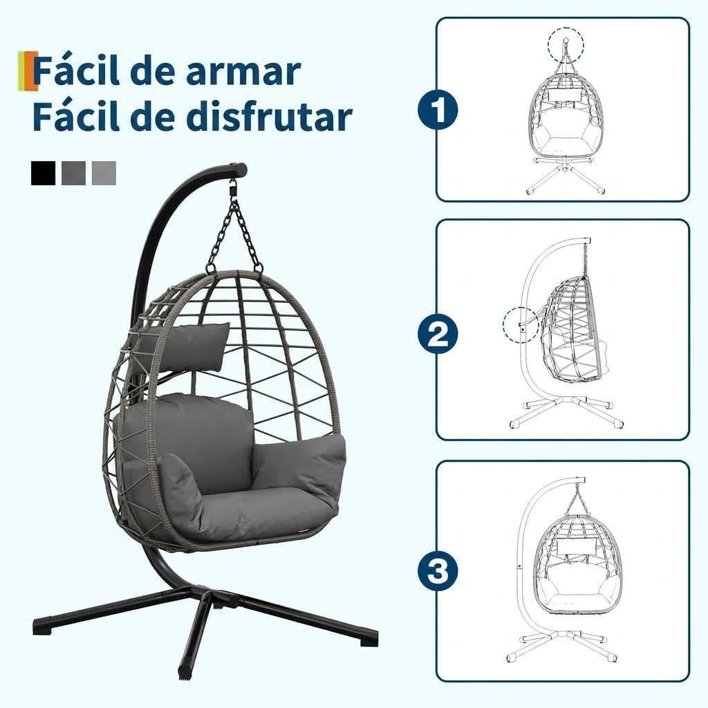 Silla Colgante Plegable Con Soporte, Sillón Colgante Tipo Huevo Con Cojines Impermeables y Reposacabezas Ajustable, Estructura De Acero Resistente Hasta 150 kg, Para Jardín, Balcón, Terraza e Interior